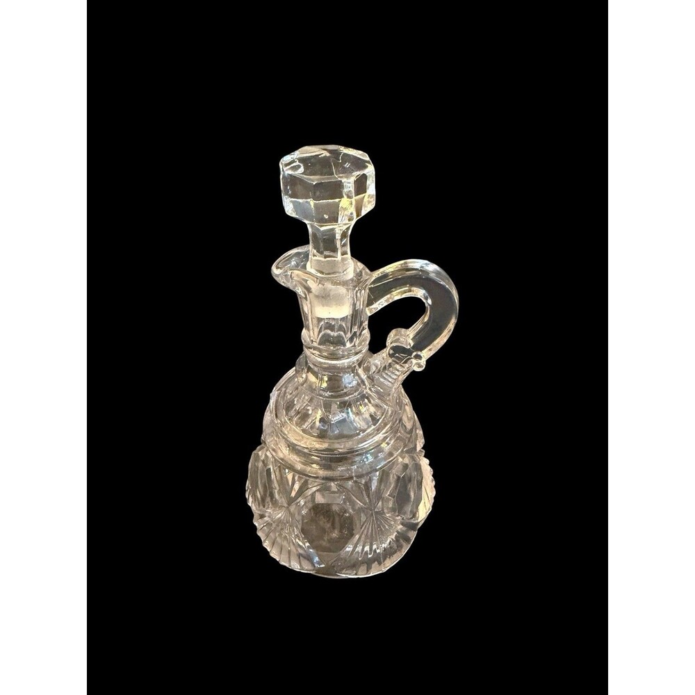 Vtg Antique Eapg Clear Glass Vinegar Cruet With Ground Glass Flat Round Stopper